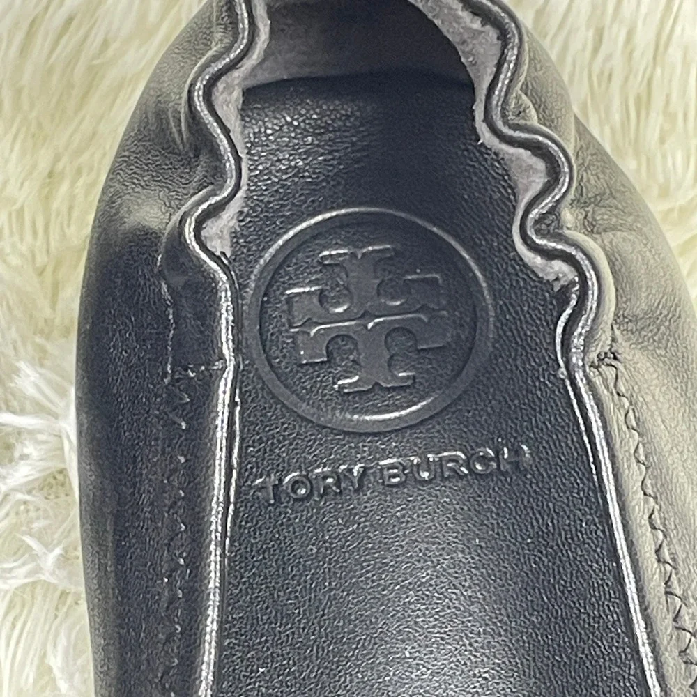 Tory Burch Minnie Travel Ballet Flats Womens 8.5M Black Good Gold Logo 6098 G19